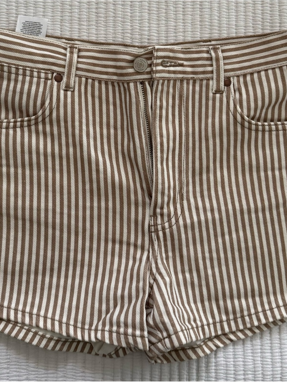 Reformation “Cowboy” Tan & White High-Waist Shorts